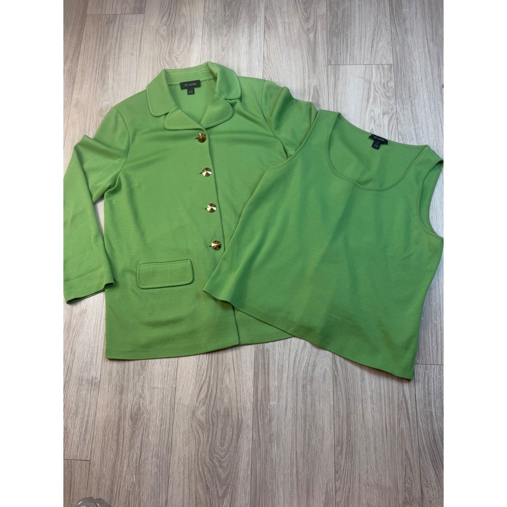 St John Green Knit 2 Piece Jacket Shellโ Set Wool Rayon Size 16 XL Gold Buttons